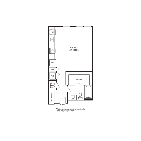 Floor plan for studio, 1 bath, 574 sqft